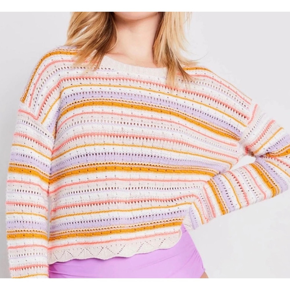 Lisa Todd Knit Sweater Shore Thing Striped Crochet Colorful Pullover Women's S